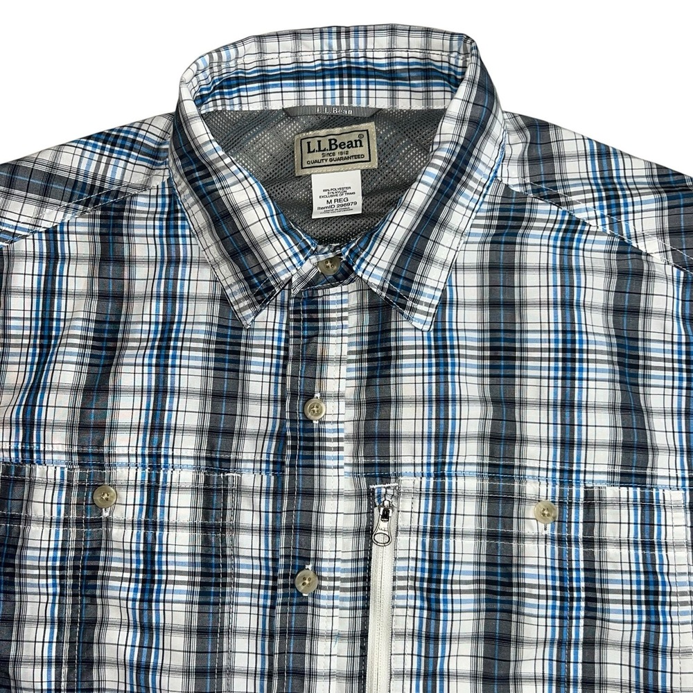 L.L. Bean Mens Medium Plaid Polyester Nylon Short Sleeve Button Up Shirt